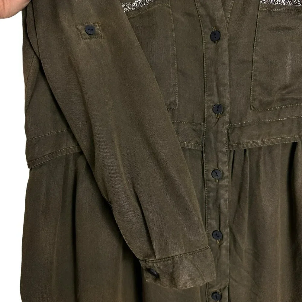 Zara Olive Green Beaded Shirt Dress Long Sleeve Utility Chic Size S - Picture 7 of 12